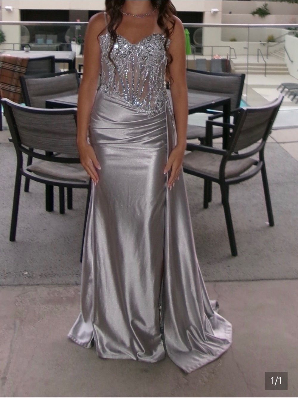 Silver Beaded Evening Gown - Elegant Women's Dress